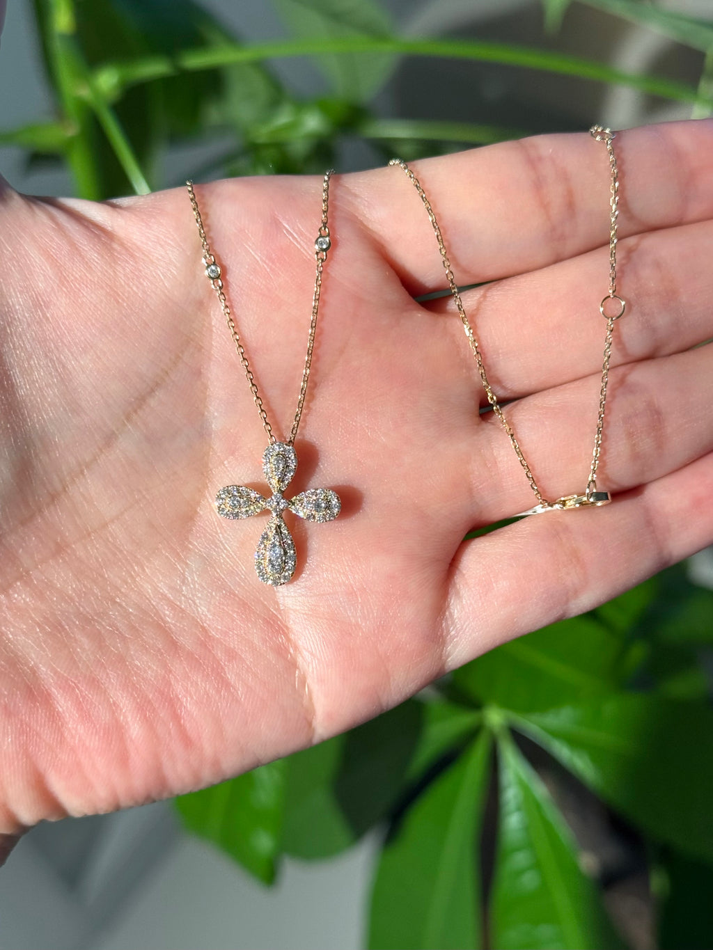 Pavé Diamond Quatrefoil Cross Necklace in 14K Yellow Gold – 0.48 CTW Natural Diamonds