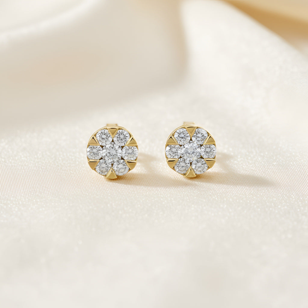 Diamond Cluster Stud Earrings in 14K Yellow Gold – 0.75 CTW Natural Diamonds