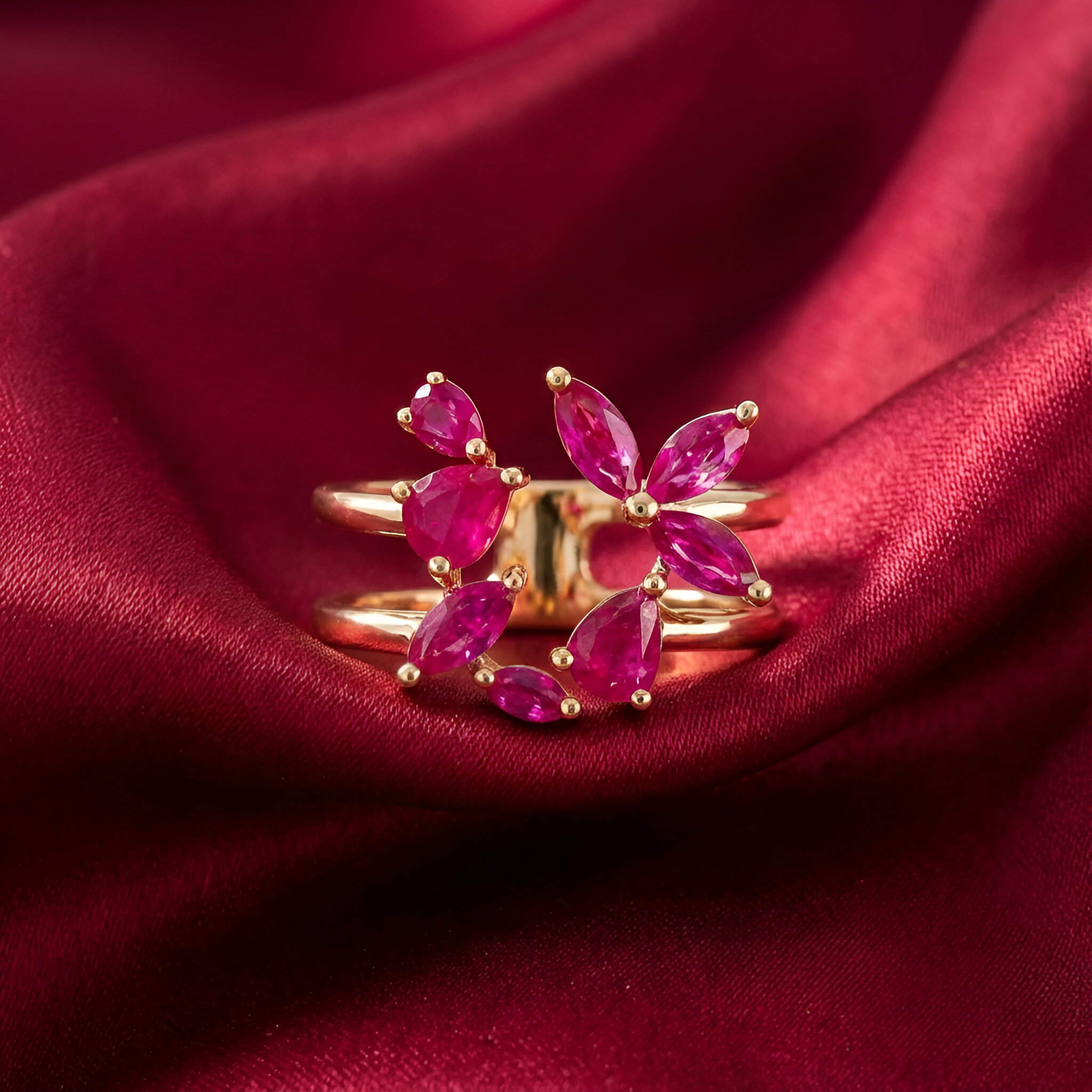 Floral Ruby Ring in 18K Yellow Gold