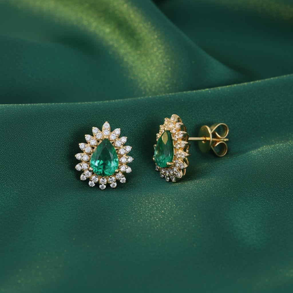 Emerald Diamond Earrings in 18K Yellow Gold