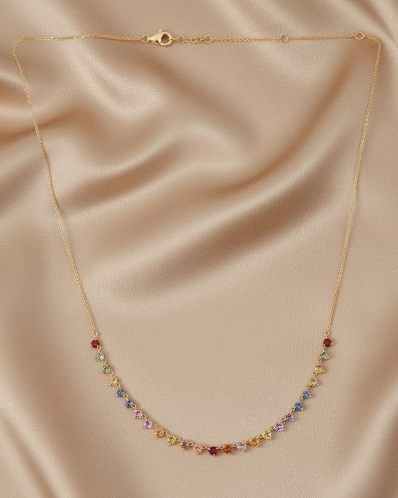 Rainbow Sapphire Station Necklace in 14K Yellow Gold — 3.21 CTW Natural Multi-Color Sapphires