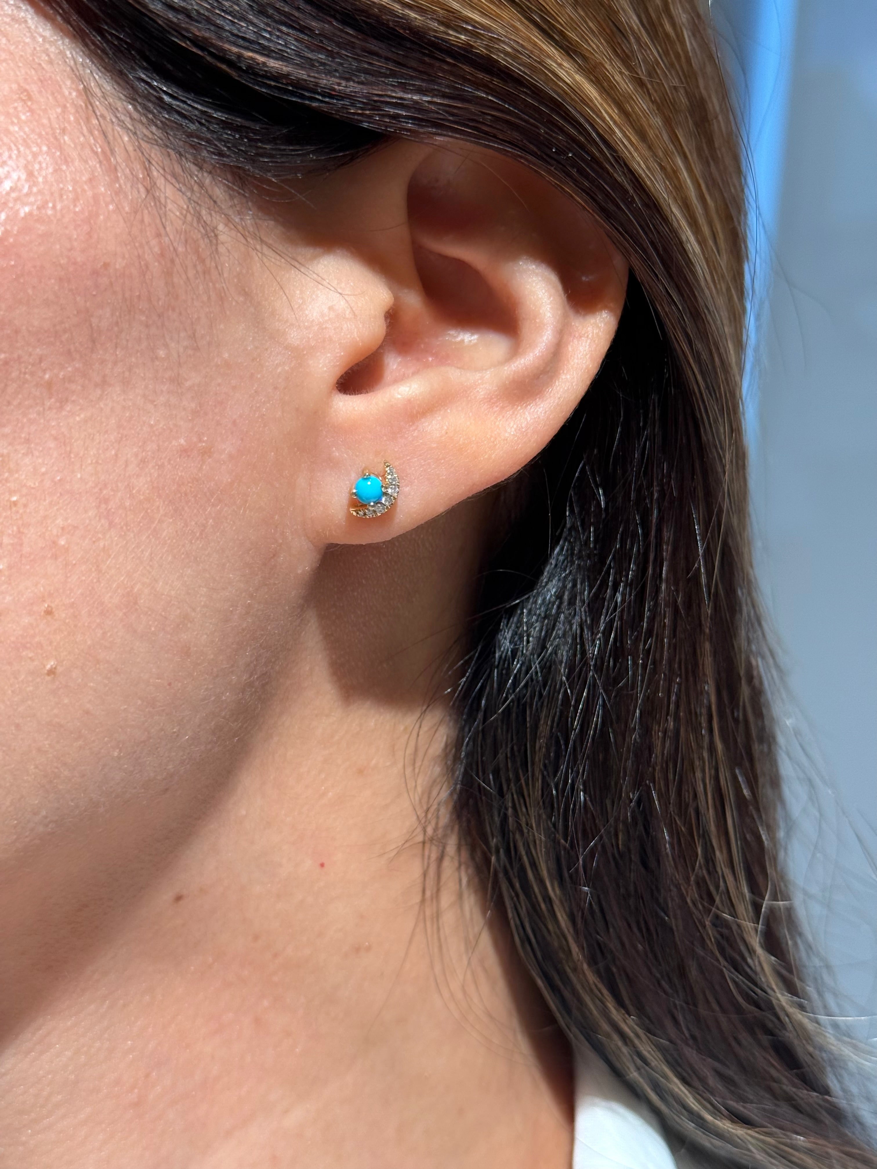 Moon Diamond Turquoise Stud Earrings in 18k Yellow Gold