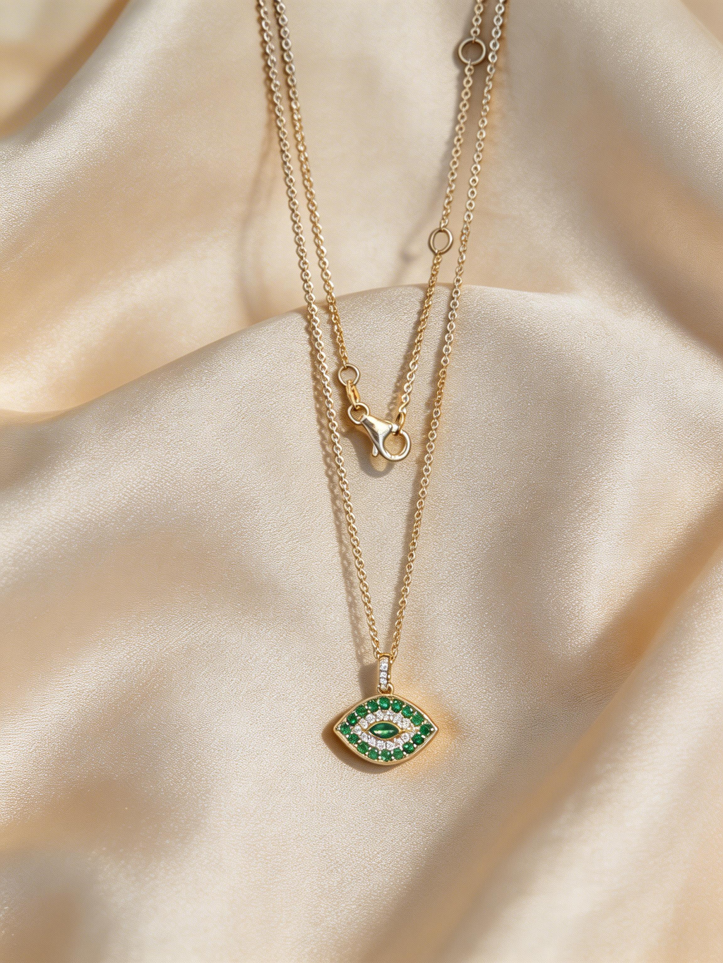 Evil Eye Emerald & Diamond Necklace in 14K Yellow Gold – Protective Fine Jewelry