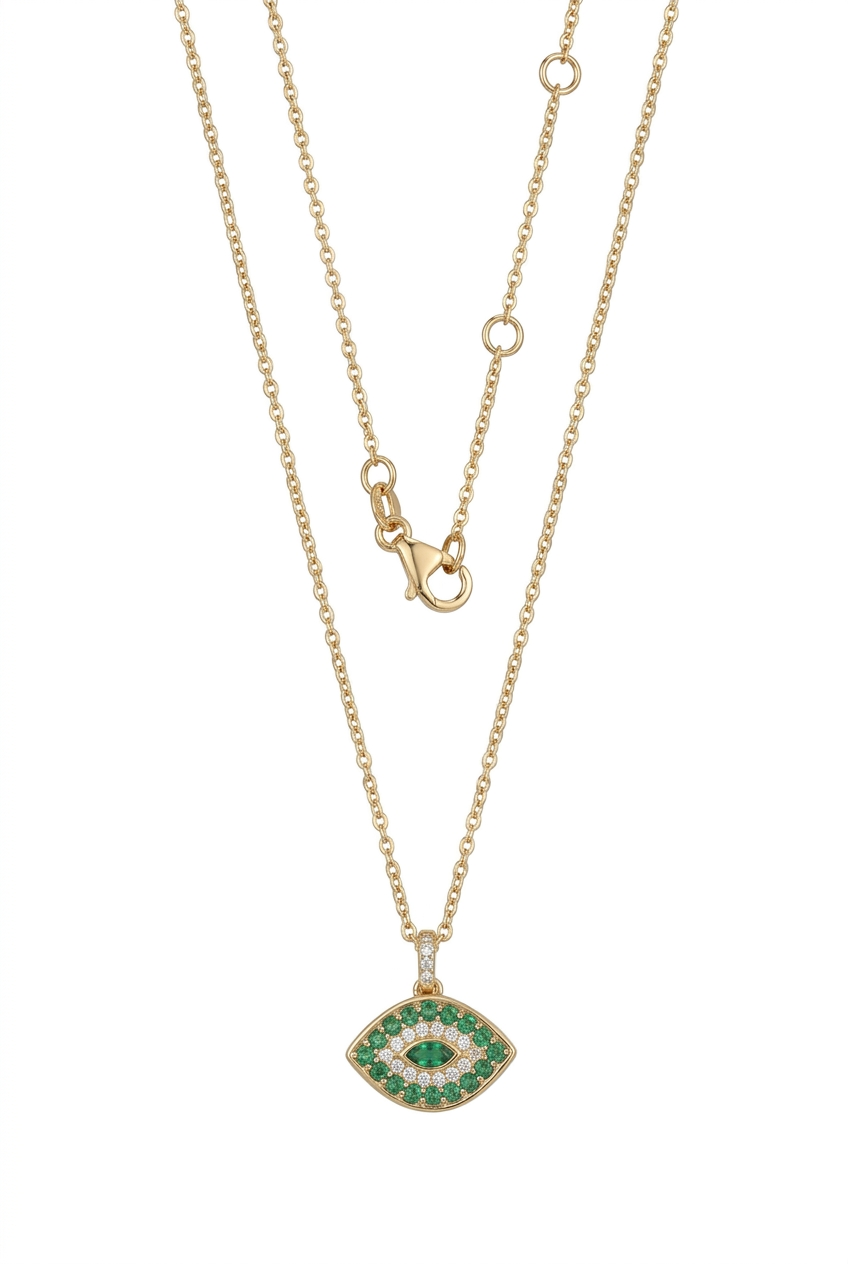 Evil Eye Emerald & Diamond Necklace in 14K Yellow Gold – Protective Fine Jewelry