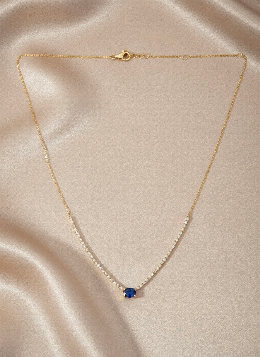 Oval Sapphire & Diamond Station Necklace in 14K Yellow Gold – 1.15 CT Natural Sapphire