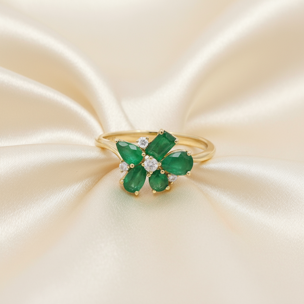 Floral Emerald Diamond Ring in 18K Yellow Gold