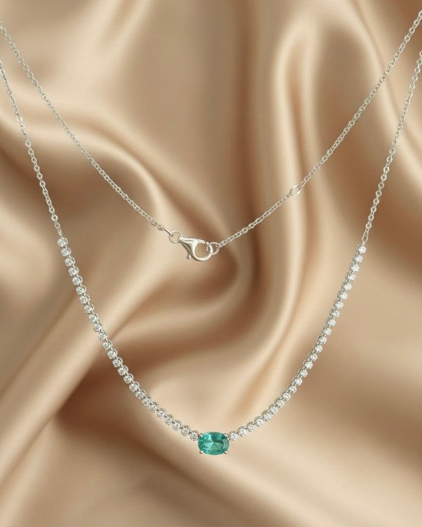 Oval Emerald & Diamond Station Necklace in 14K White Gold — 1.15 CT Natural Emerald