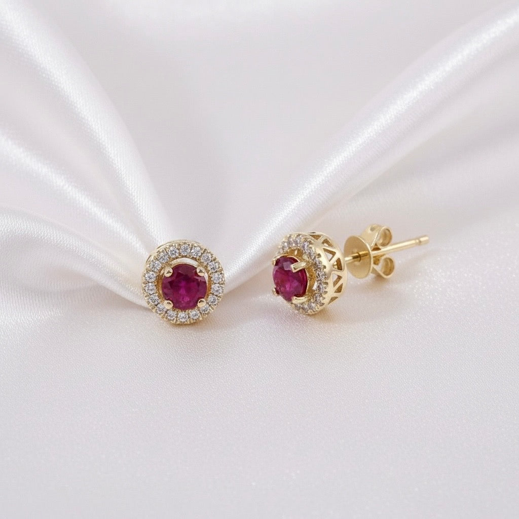 Diamond & Ruby Halo Stud Earrings in 14K Yellow Gold – 0.71 CT Rubies & 0.12 CTW Diamonds