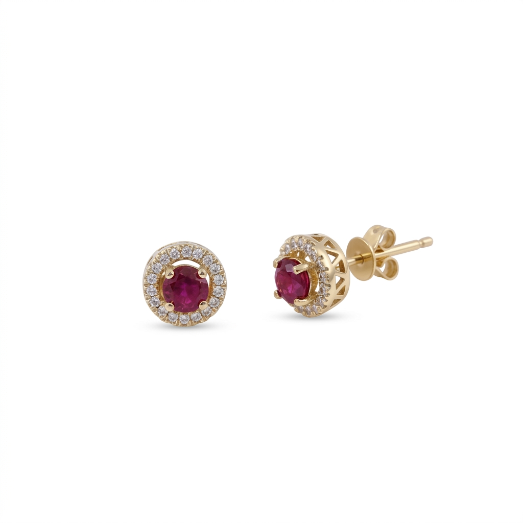 Diamond & Ruby Halo Stud Earrings in 14K Yellow Gold – 0.71 CT Rubies & 0.12 CTW Diamonds