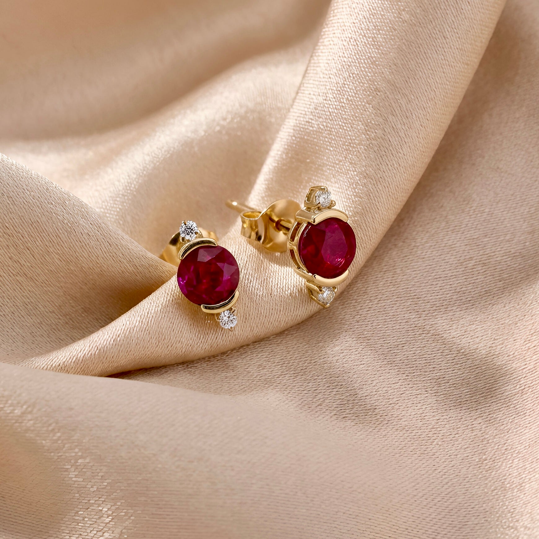 Diamond Ruby Studs Earrings in 14k Yellow Gold