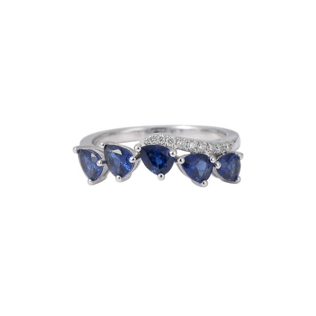 Pear Shape Sapphire & Diamond Wave Ring in 14K White Gold – Stackable Design