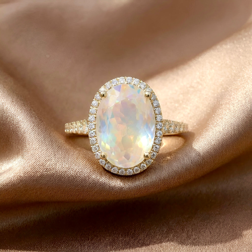 Rainbow Moonstone Diamond Ring in 14K Yellow Gold