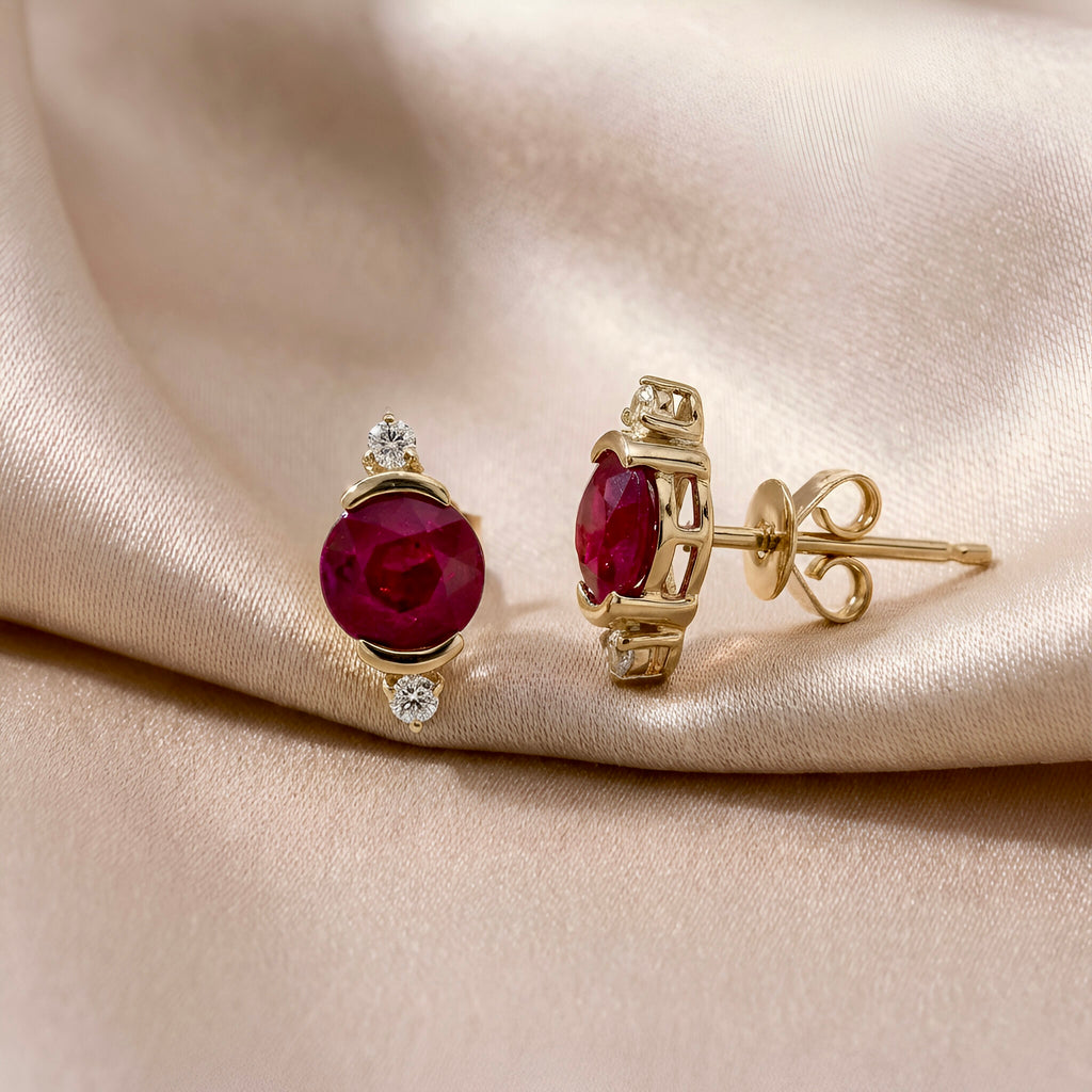 Diamond Ruby Studs Earrings in 14k Yellow Gold