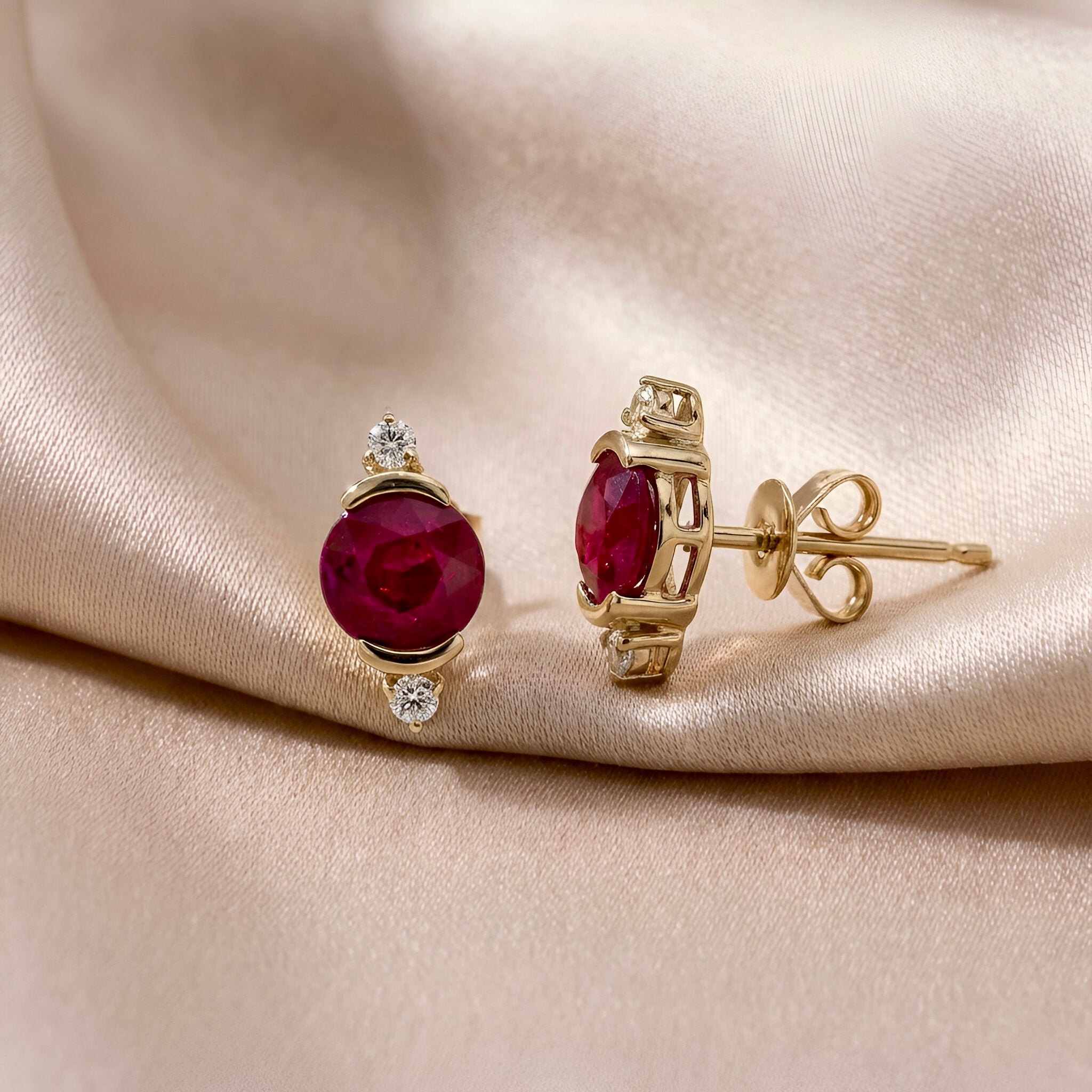 Diamond Ruby Studs Earrings in 14k Yellow Gold