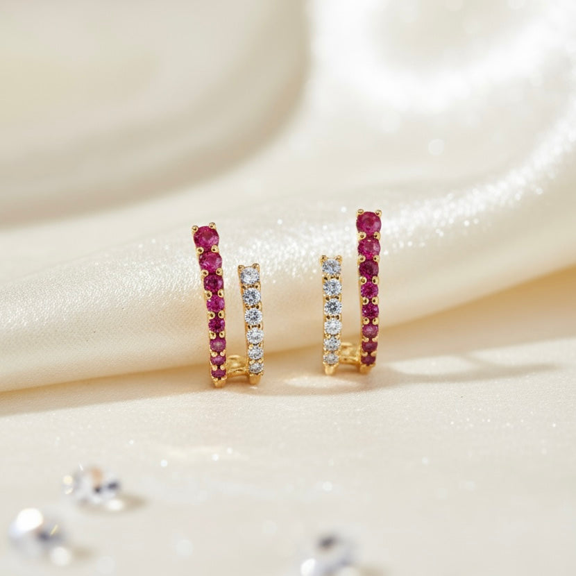 Diamond Ruby Stud Crawler Earrings in 18k Yellow Gold