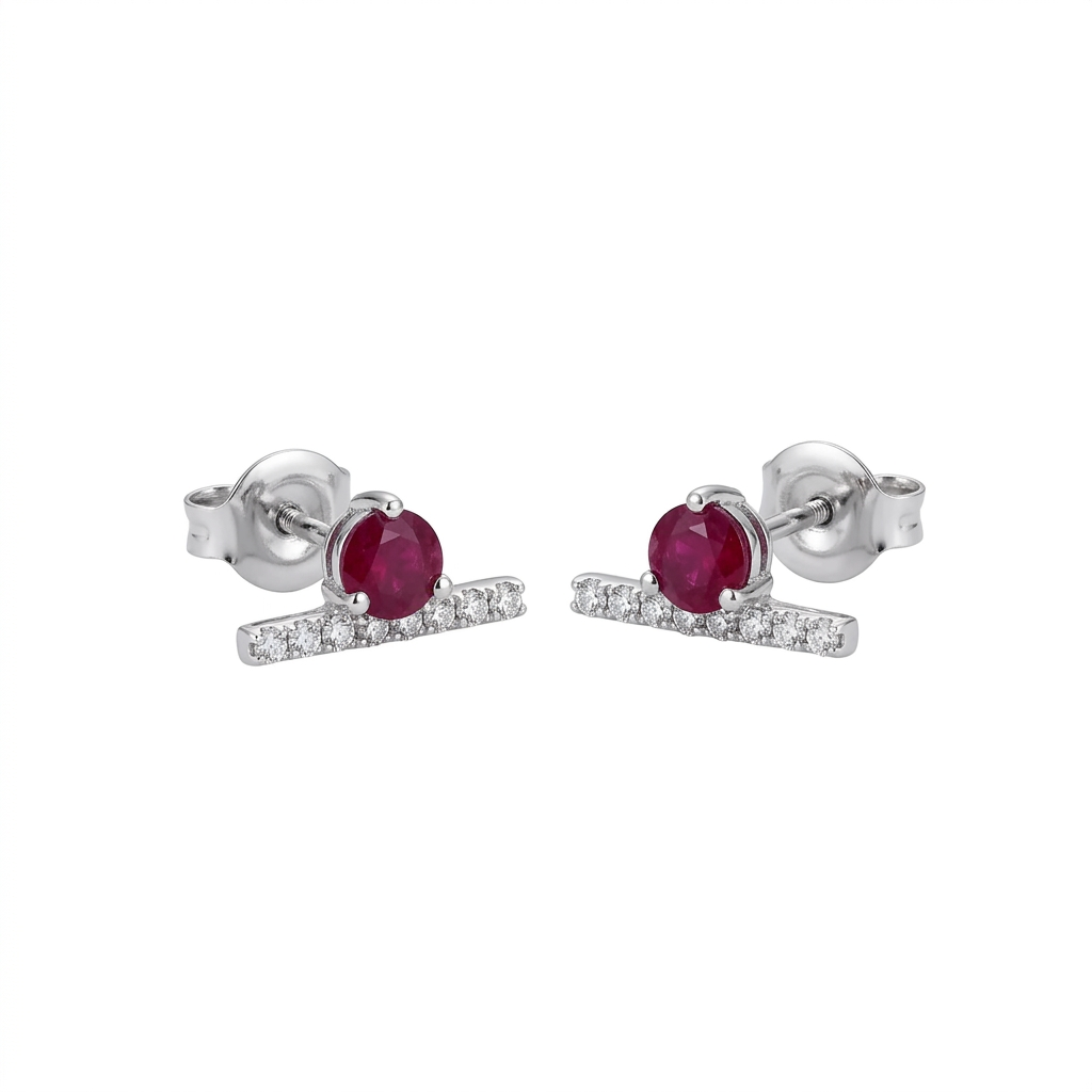 Ruby & Diamond Stud Earrings in 14K White Gold – Elegant Fine Jewelry
