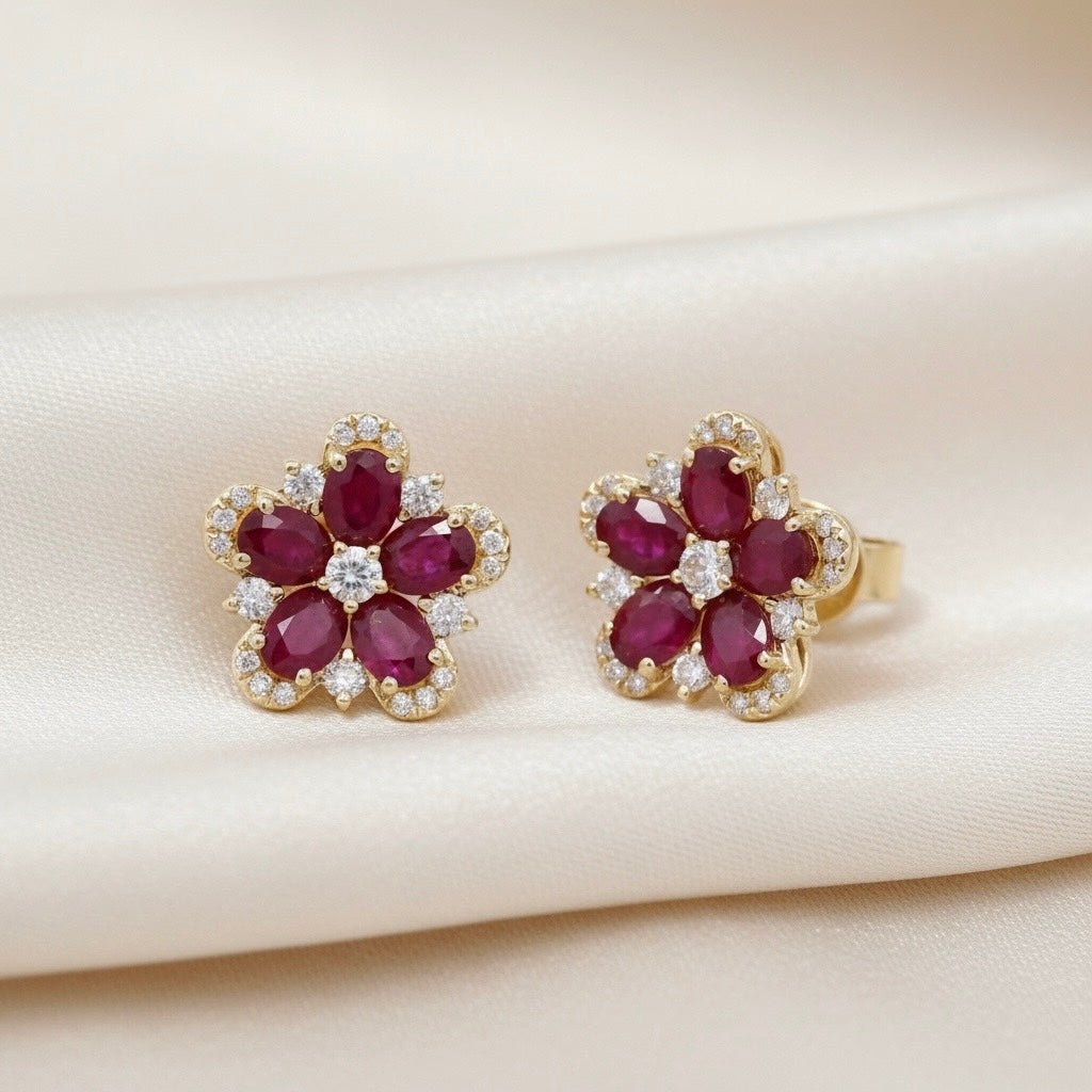 Diamond & Ruby Floral Stud Earrings in 14K Yellow Gold – 2.05 CT Rubies & 0.37 CTW Diamonds
