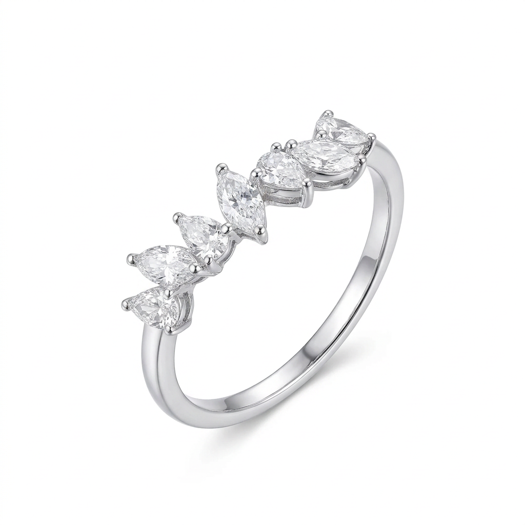 Asymmetrical Diamond Band Ring with Marquise & Pear Diamonds in 18K White Gold – 0.63 CTW