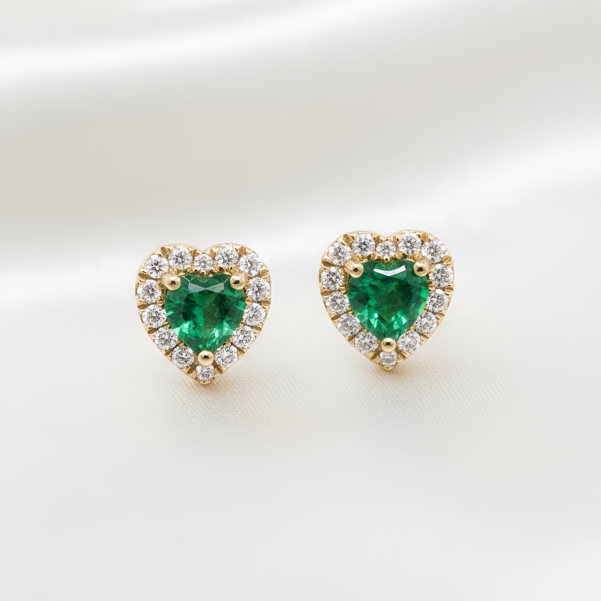 Heart-Shaped Emerald & Diamond Halo Stud Earrings in 18K Yellow Gold – 0.76 CT Emeralds & 0.28 CTW Diamonds