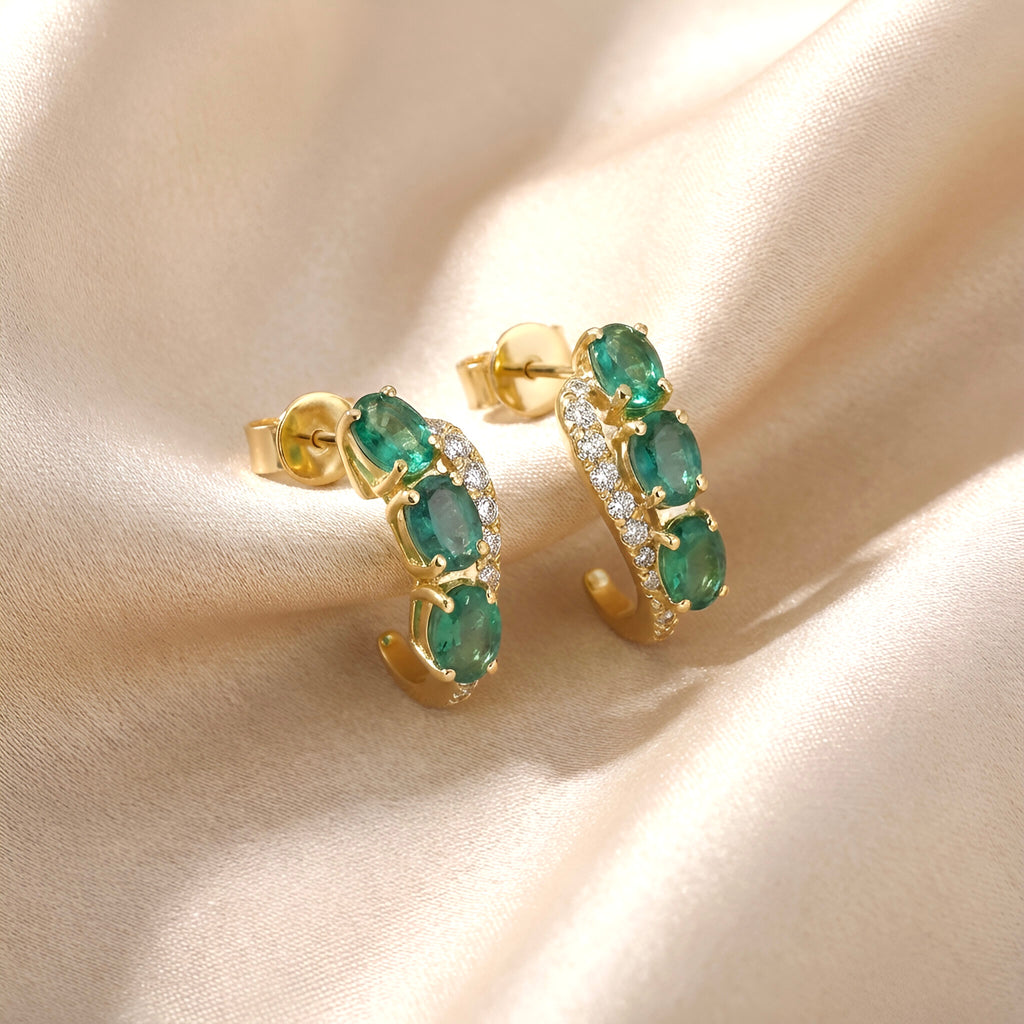 Diamond Emerald Earrings in 14K Yellow Gold