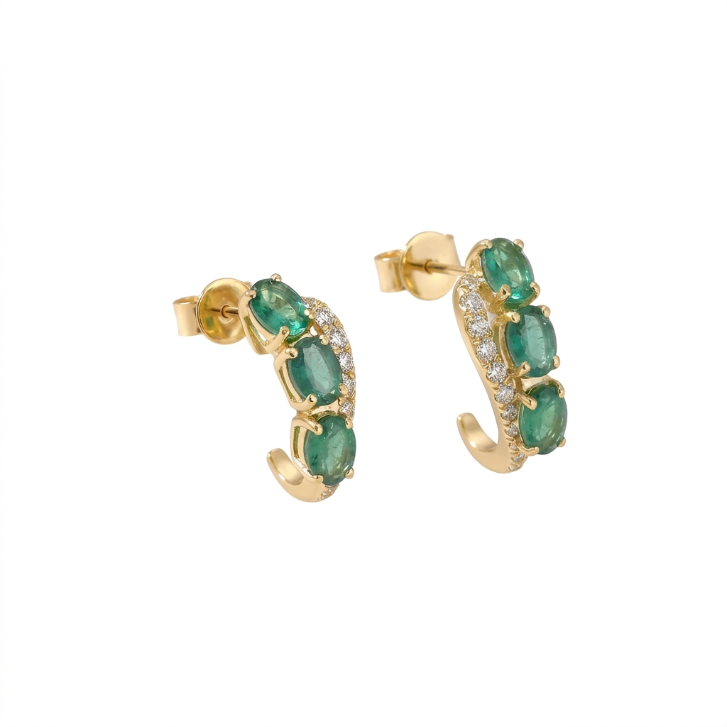 Emerald & Diamond Curved Hoop Earrings in 14K Yellow Gold – Elegant Fine Jewelry