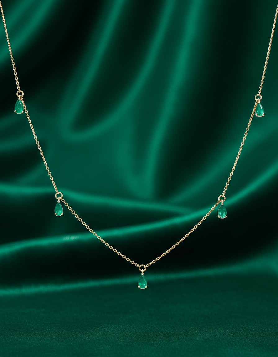 Radiant Emerald Teardrop Necklace in 14K Yellow Gold