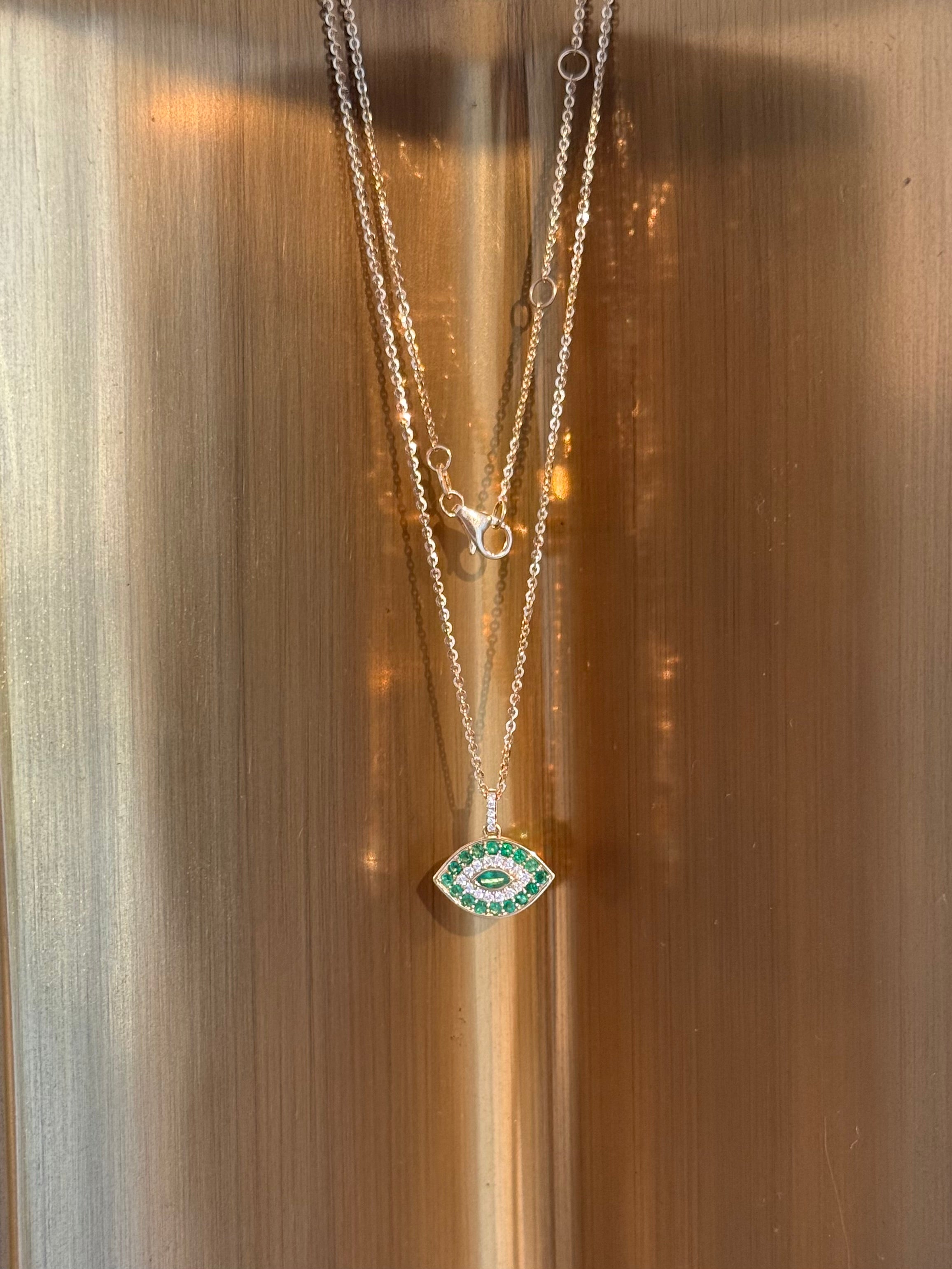 Evil Eye Emerald & Diamond Necklace in 14K Yellow Gold – Protective Fine Jewelry