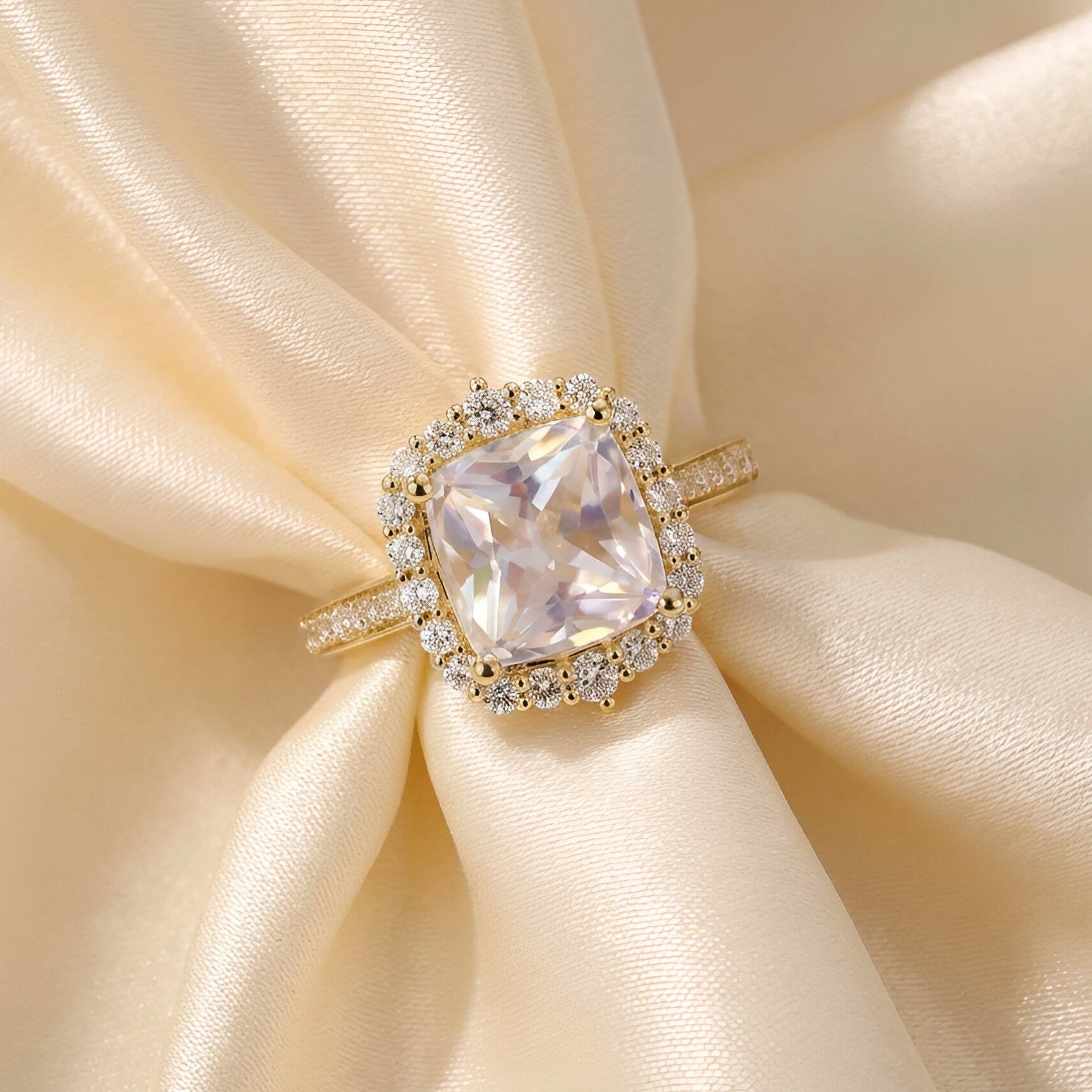 Rainbow Moonstone Diamond Ring in 14K Yellow Gold