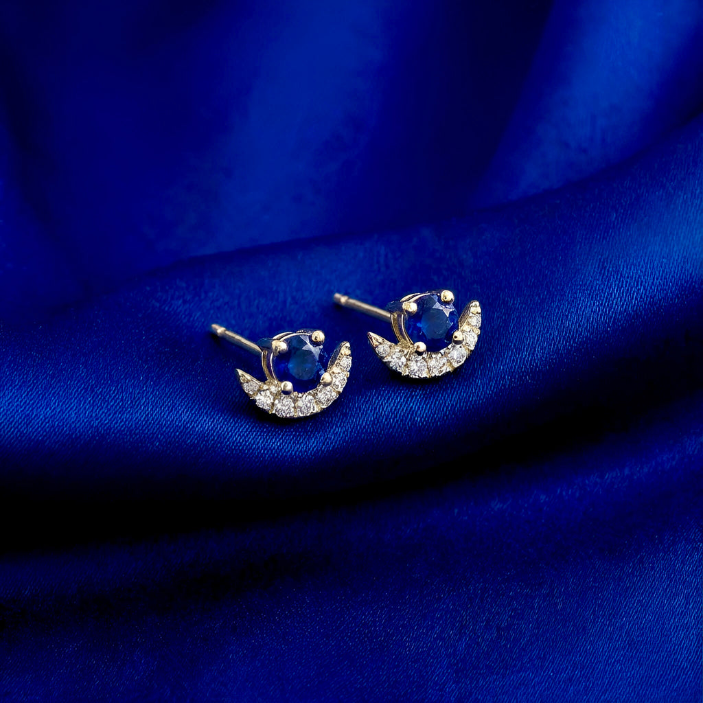 Moon Diamond Sapphire Stud Earrings in 14k Yellow Gold