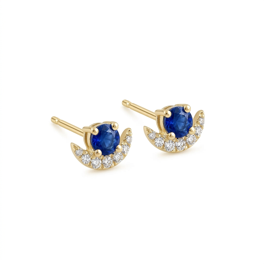 Moon Sapphire & Diamond Stud Earrings in 14K Yellow Gold – Celestial Fine Jewelry