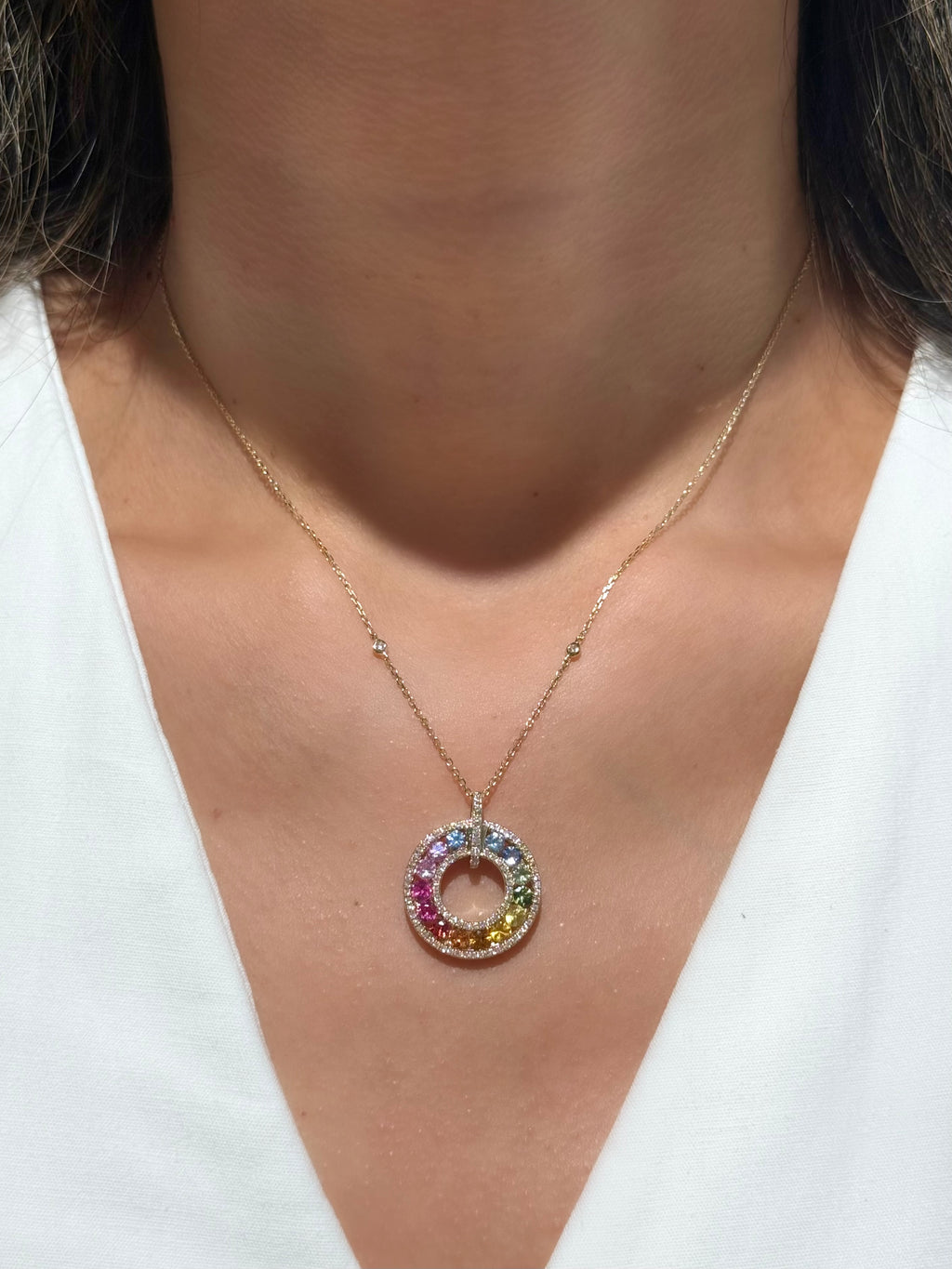 Rainbow Sapphire Diamond Necklace in 14K Yellow Gold