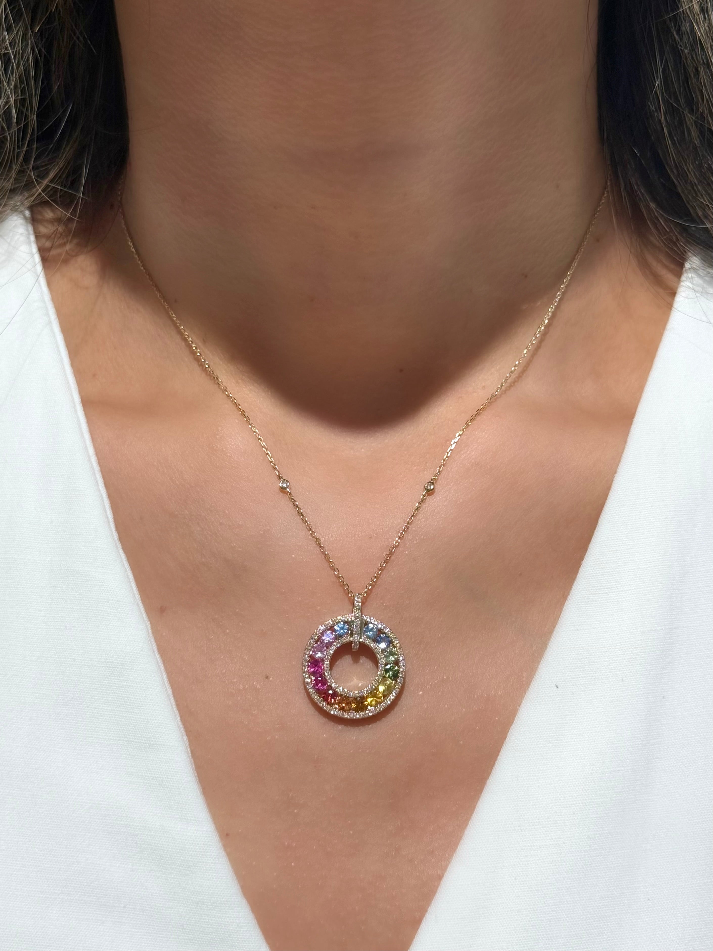 Rainbow Sapphire Diamond Necklace in 14K Yellow Gold