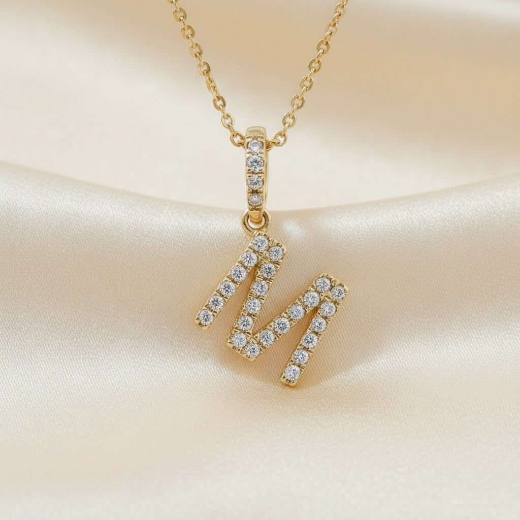 Diamond Initial “M” Necklace in 14K Yellow Gold – 0.10 CTW Natural Diamonds
