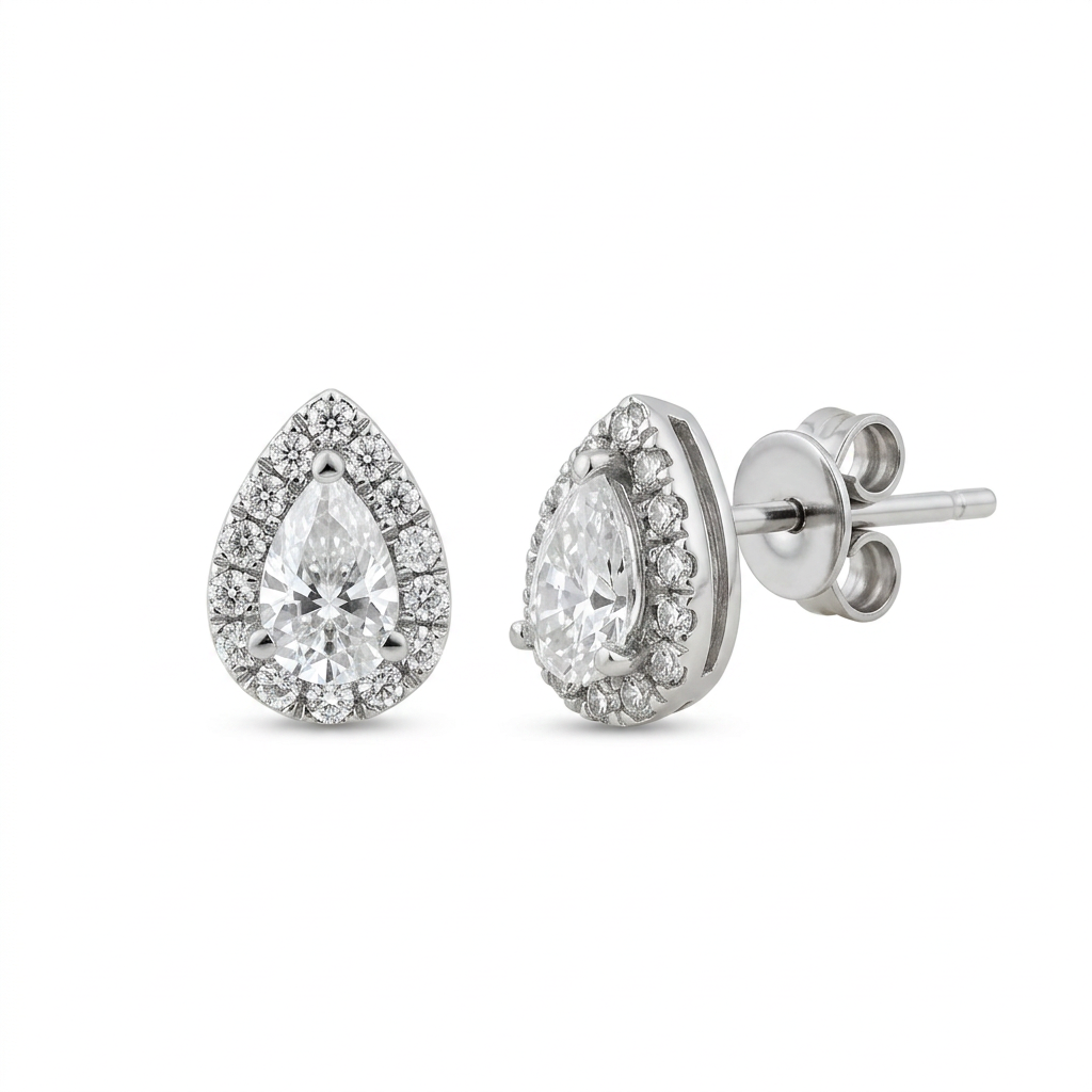 Pear-Shaped Diamond Halo Stud Earrings in 14K White Gold – 0.57 CTW Fine Jewelry