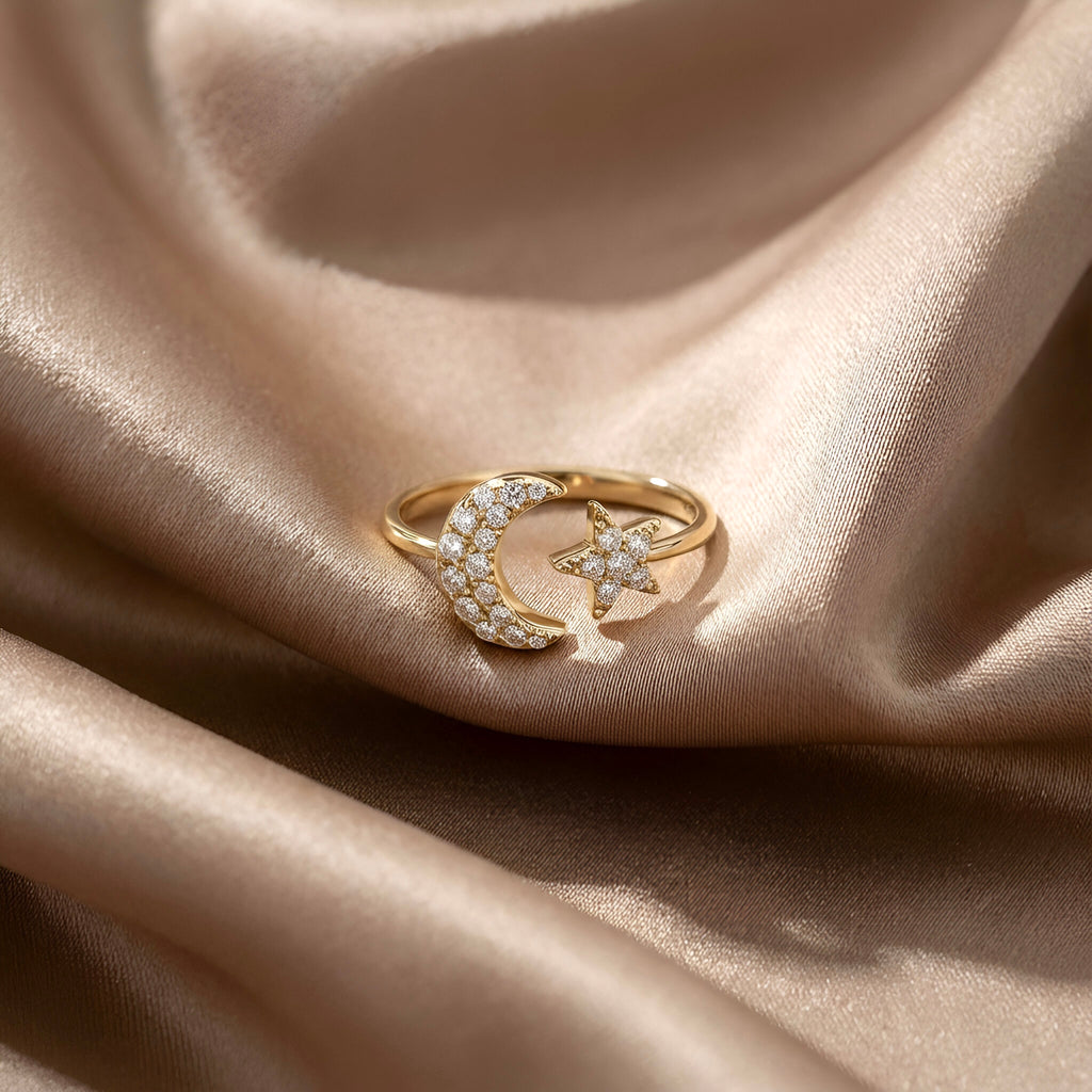 Diamond Moon Star Ring in 14K Yellow Gold