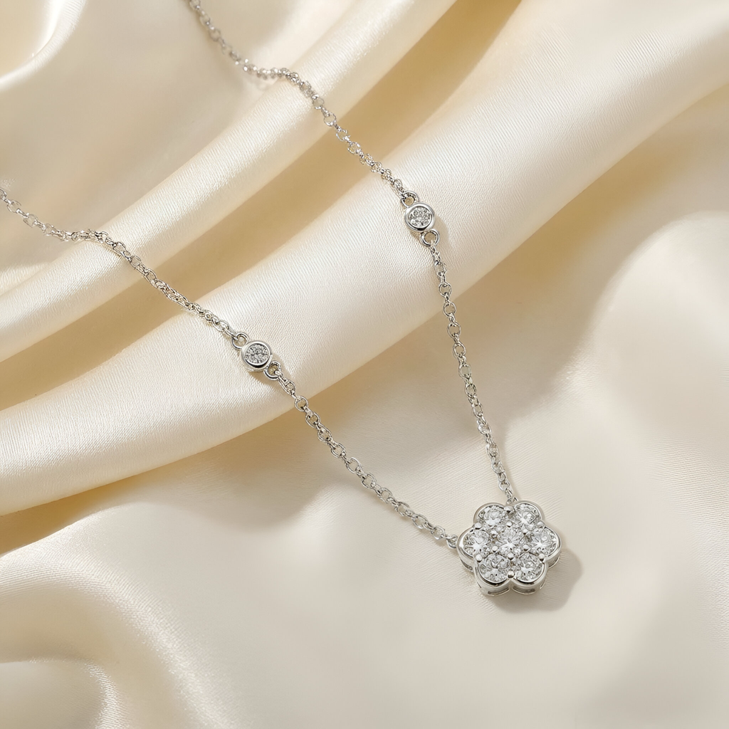 Floral Diamond Roseta Necklace in 14K White Gold