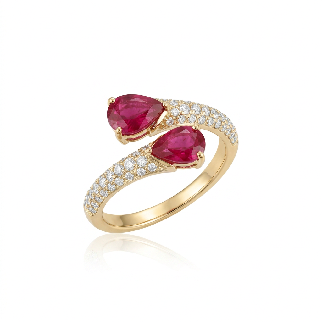 Ruby & Diamond Bypass Ring in 14K Yellow Gold – 1.48 CT Pear Rubies & 0.33 CTW Diamonds