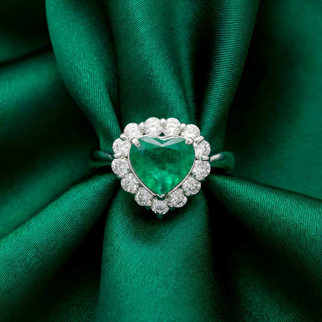 Heart Shape Colombian Emerald Diamond Ring in Platinum