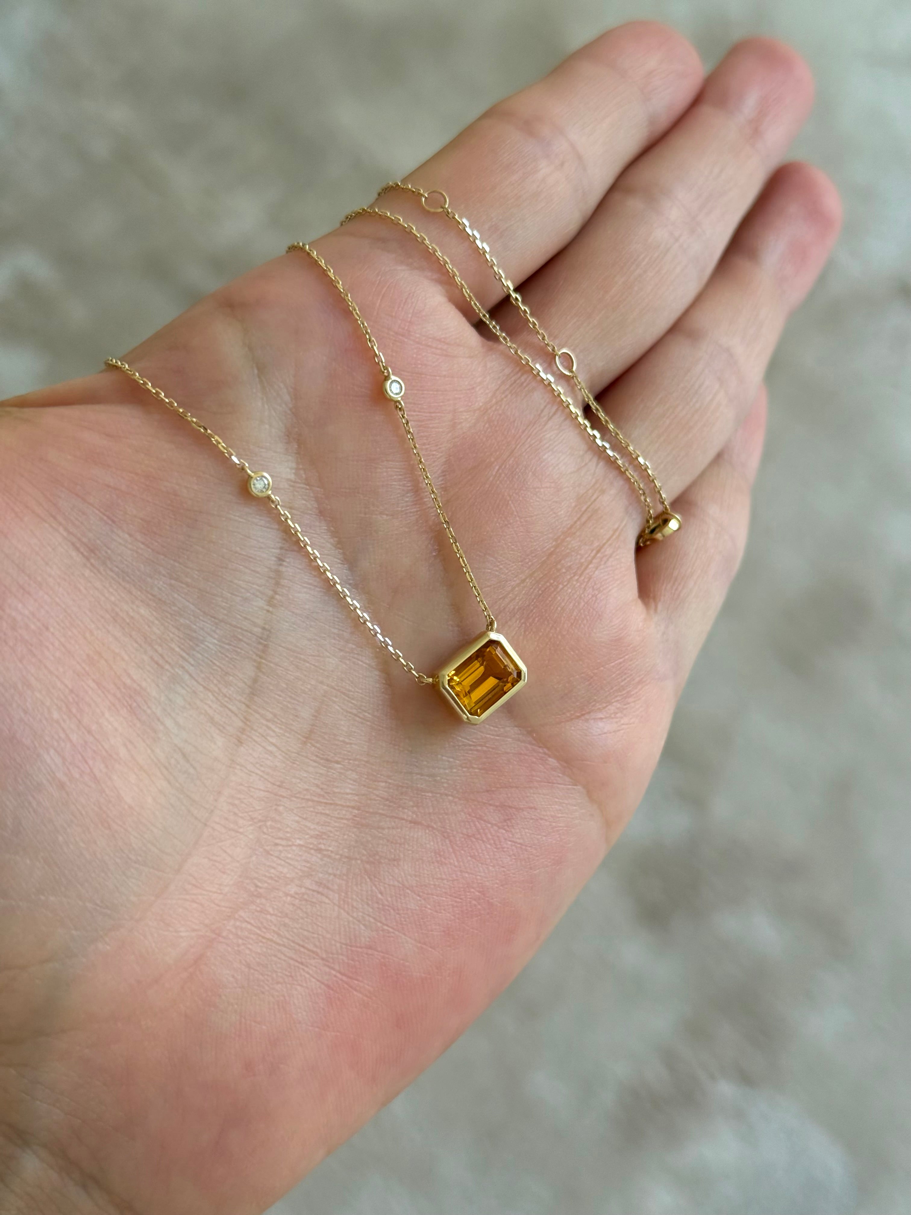 Emerald-Cut Citrine & Diamond Pendant Necklace in 14K Yellow Gold – 1.53 CT Citrine