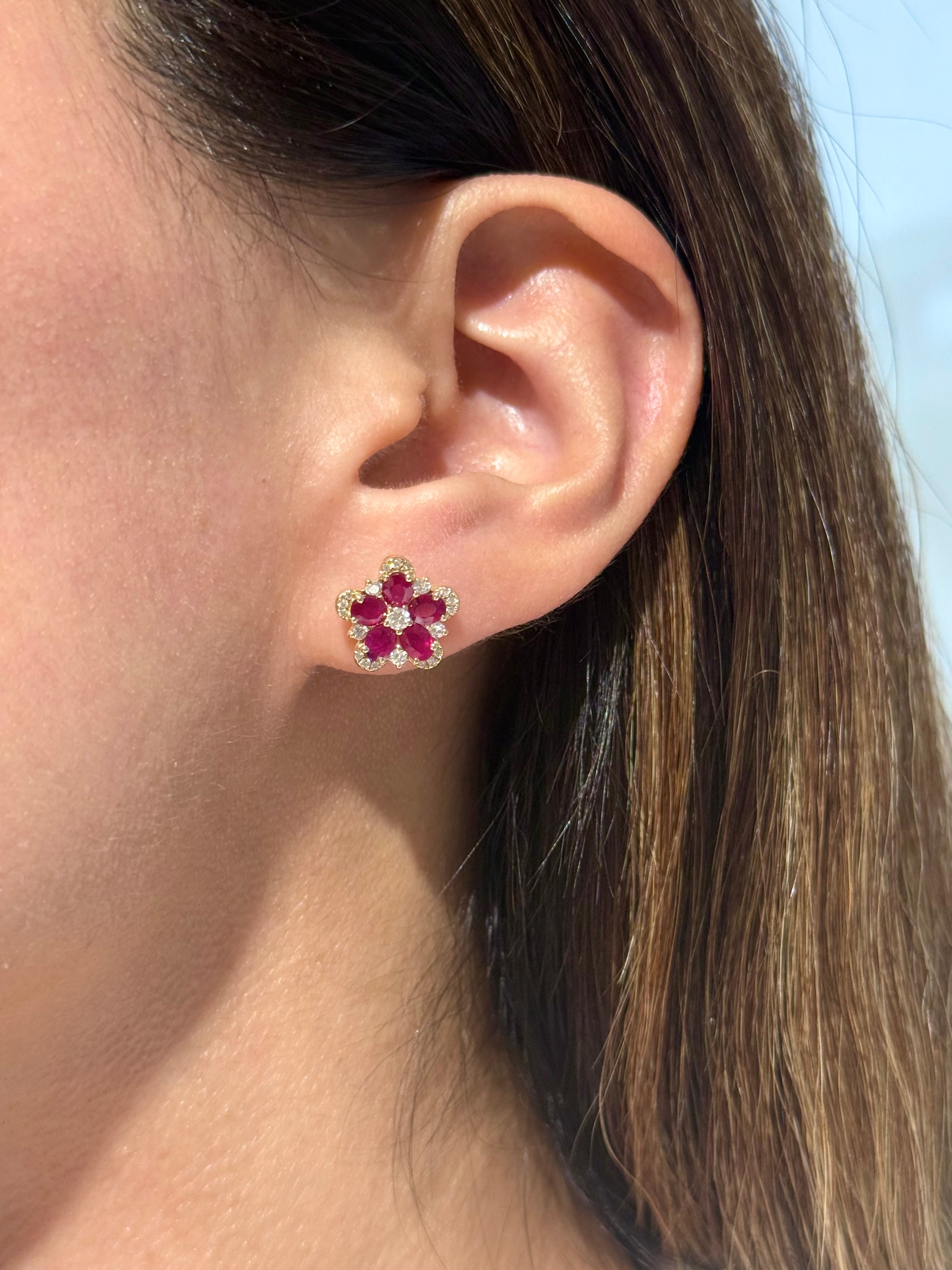 Diamond & Ruby Floral Stud Earrings in 14K Yellow Gold – 2.05 CT Rubies & 0.37 CTW Diamonds