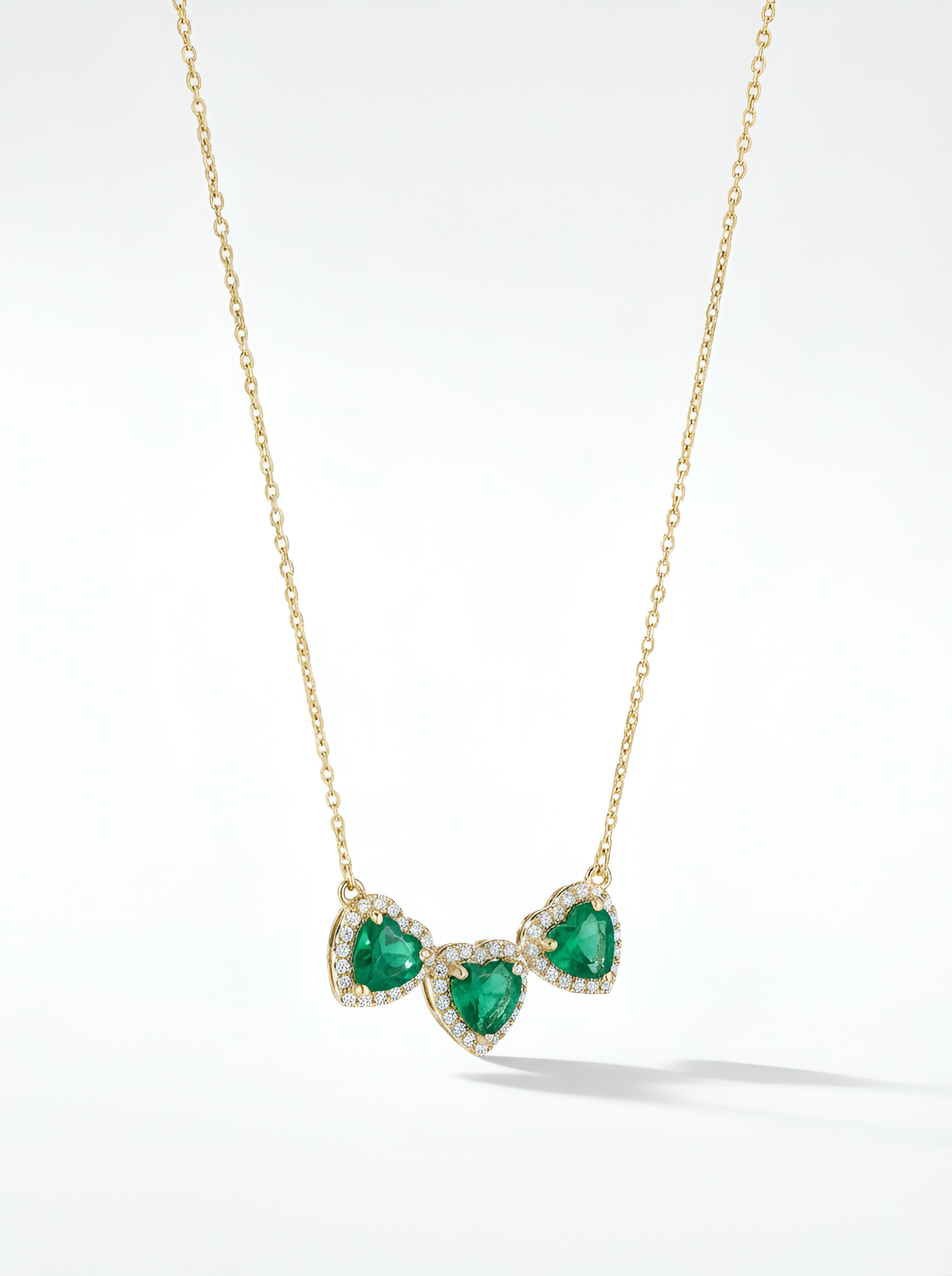 Heart Shape Emeralds Diamond Necklace in 18K Yellow Gold