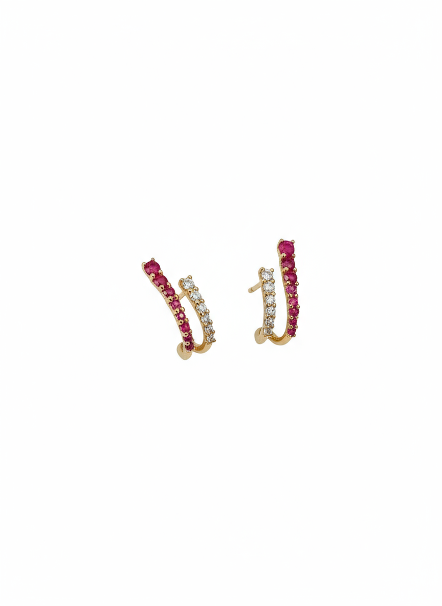 Diamond Ruby Stud Crawler Earrings in 18k Yellow Gold