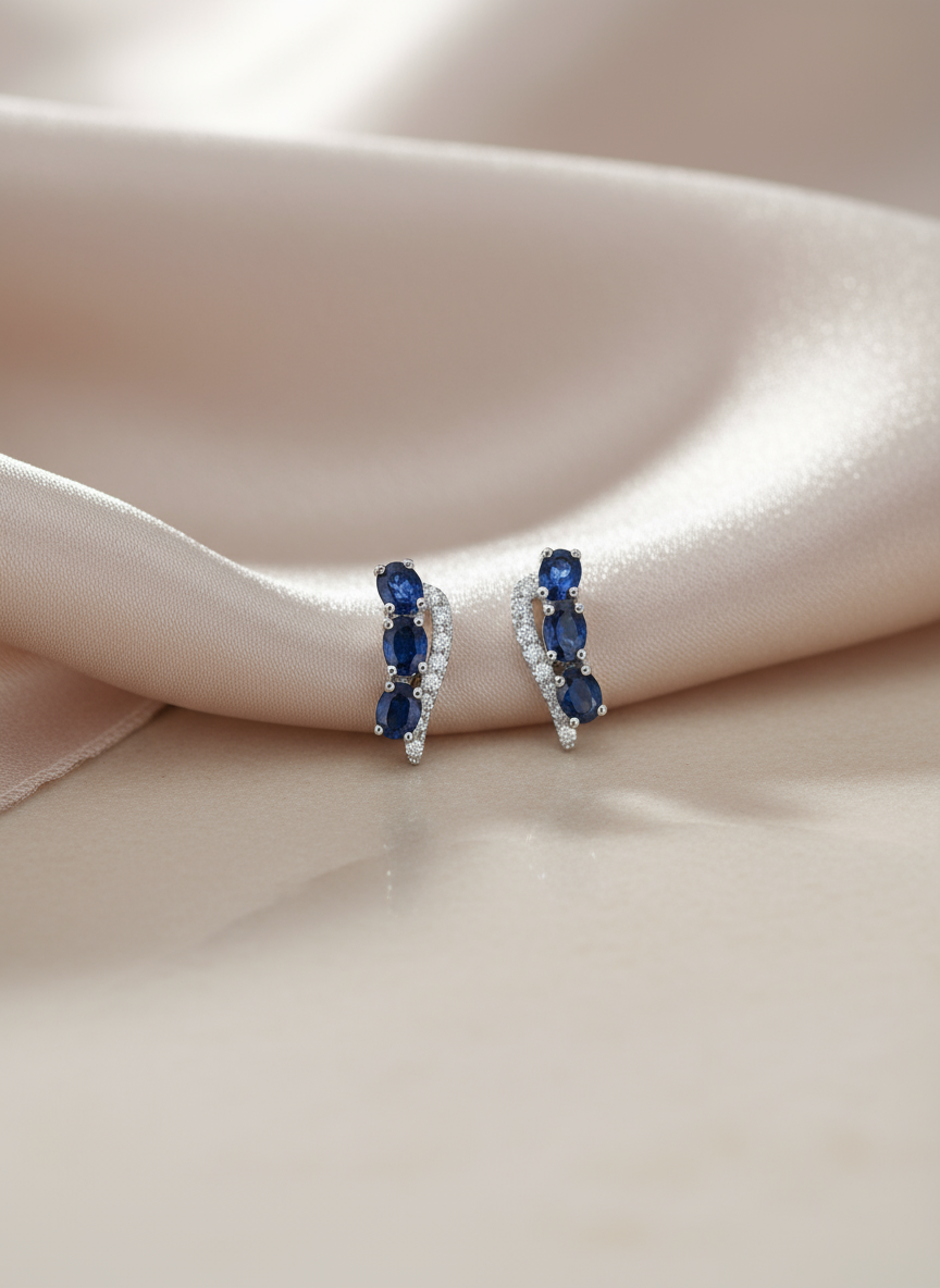 Diamond Sapphire Earrings in 14k White Gold