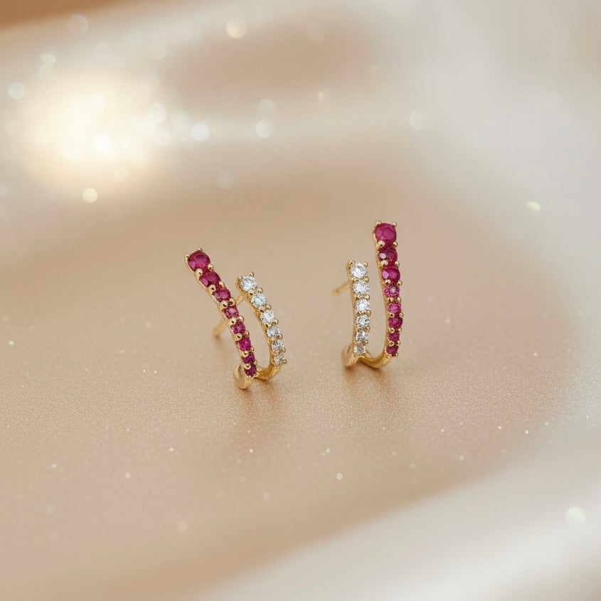 Diamond Ruby Stud Crawler Earrings in 18k Yellow Gold