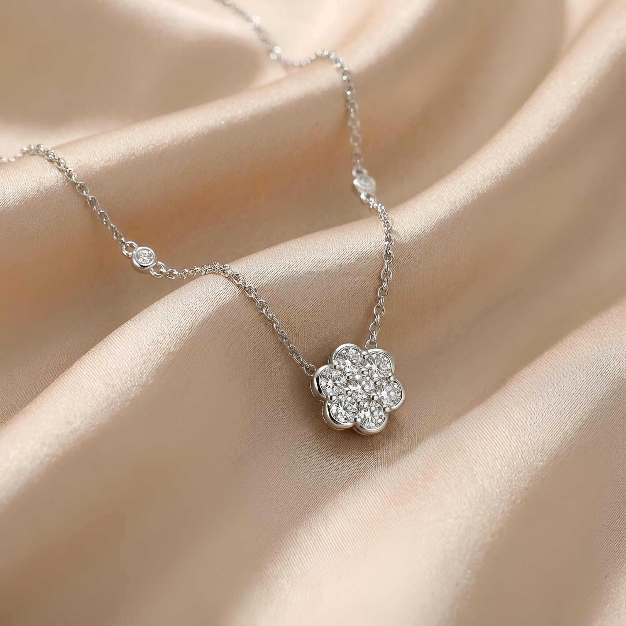 Floral Diamond Roseta Necklace in 14K White Gold