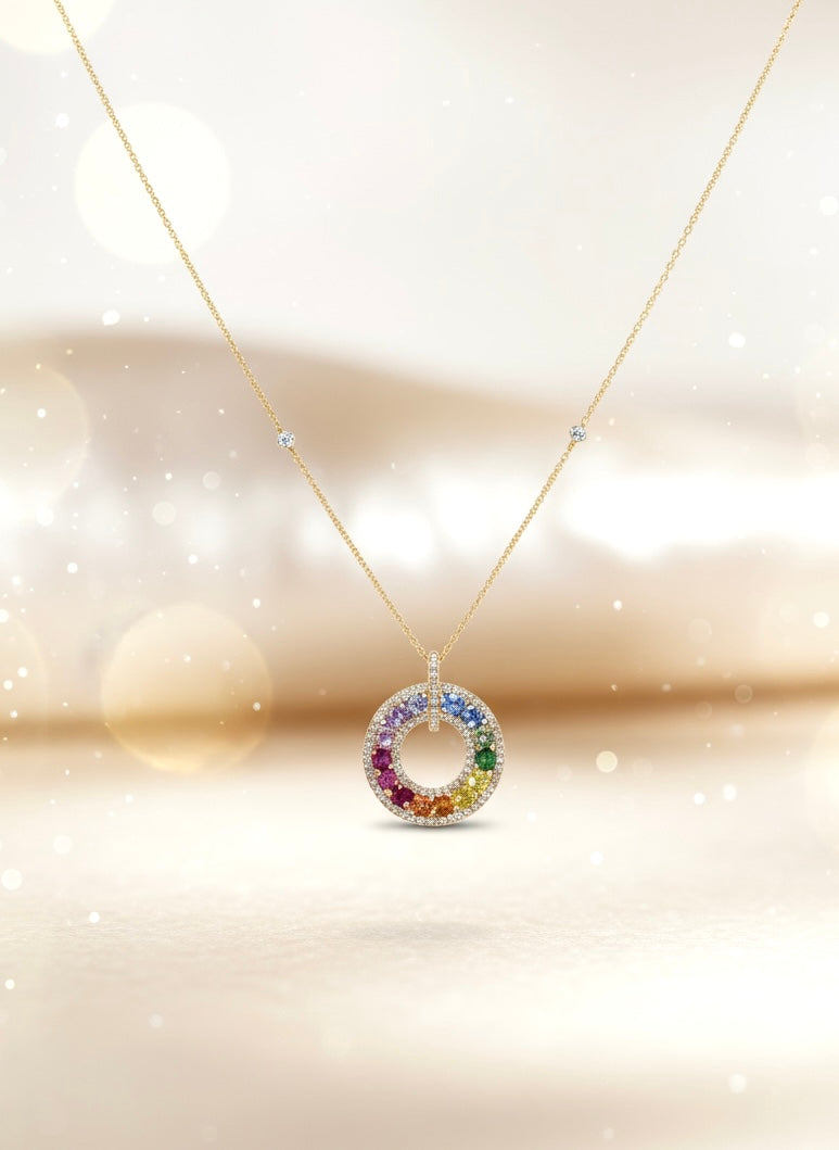 Rainbow Sapphire Diamond Necklace in 14K Yellow Gold