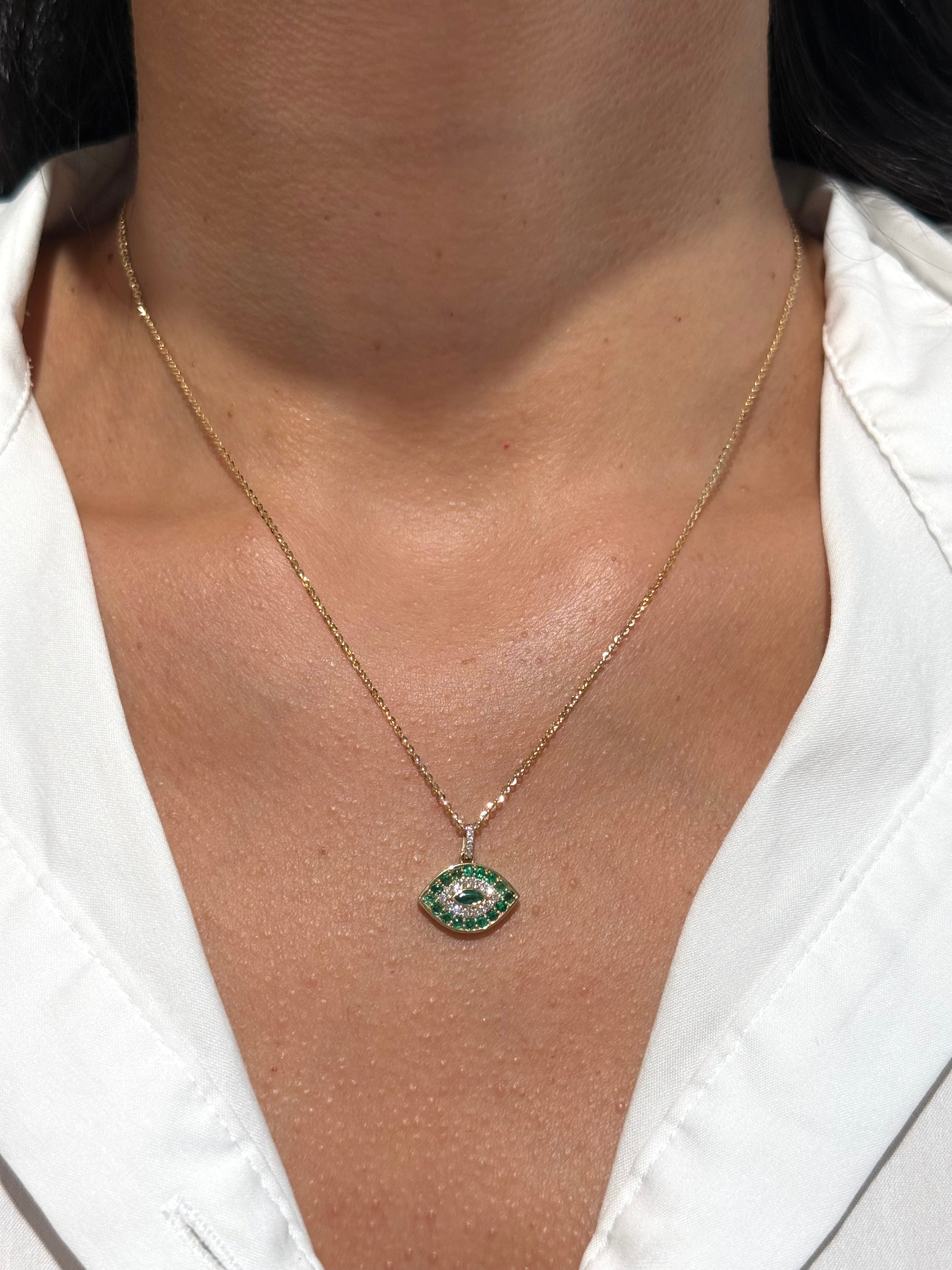 Evil Eye Emerald & Diamond Necklace in 14K Yellow Gold – Protective Fine Jewelry