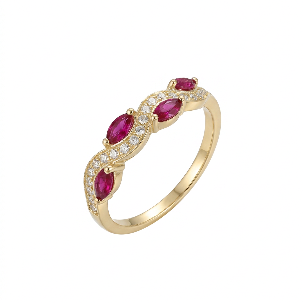 Ruby & Diamond Wavy Ring in 14K Yellow Gold – 1.01 CT Rubies & 0.15 CTW Diamonds