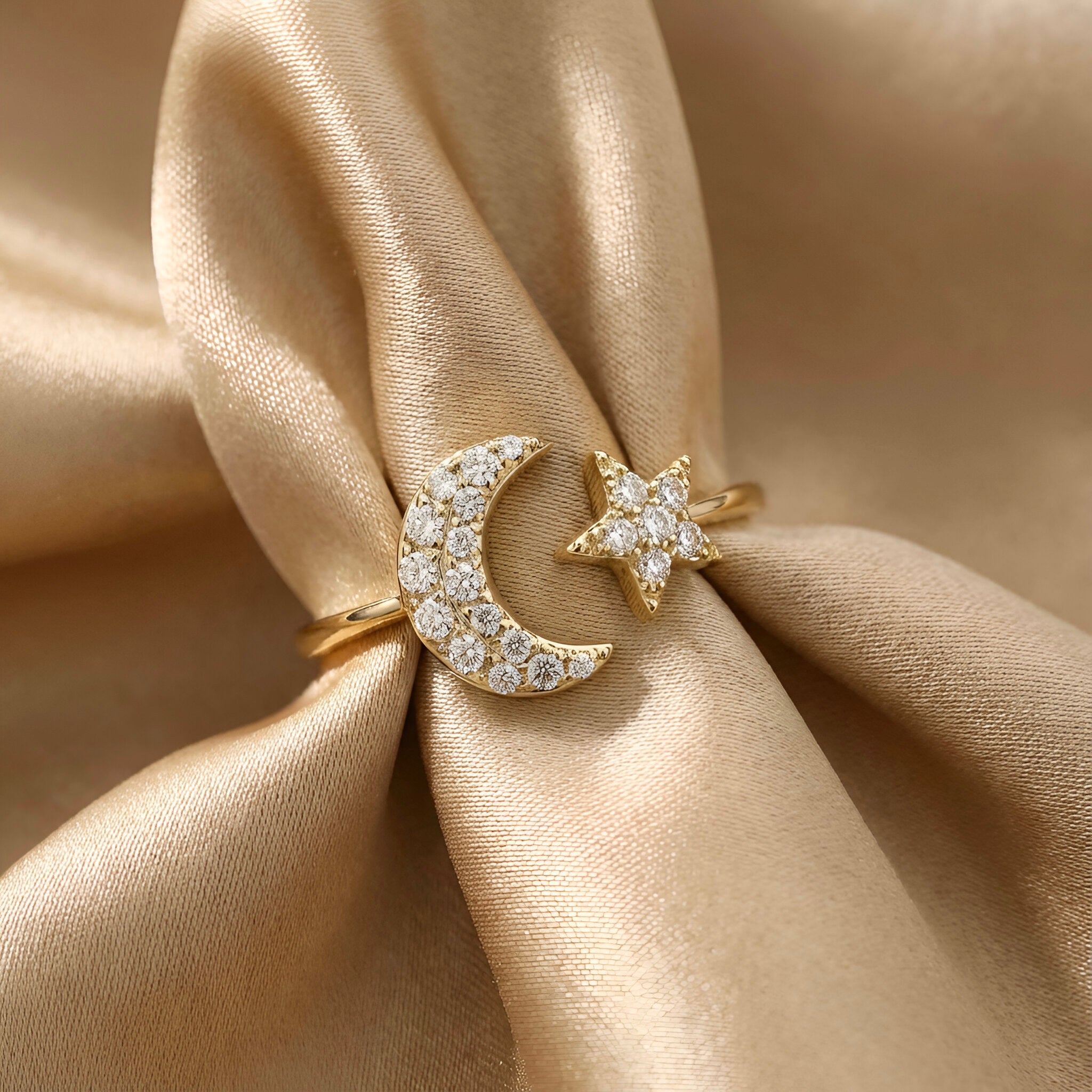 Diamond Moon Star Ring in 14K Yellow Gold