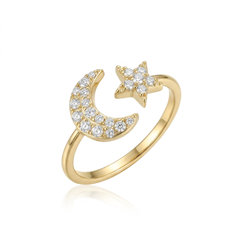 Moon & Star Diamond Ring in 14K Yellow Gold – Celestial Design